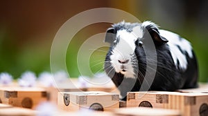 Colorful Guinea Pig on Wooden Blocks