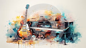 Colorful guitar and piano keys on watercolor art, music concept design with abstract background