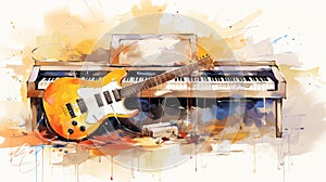 Colorful guitar and piano keys on watercolor music illustration, abstract concept background