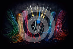 colorful guitar strings set on a dark background with clippers