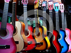 Colorful guitars on display