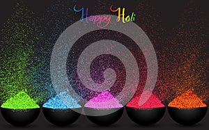Colorful gulaal, powder color, indian festival for Happy Holi card with colourful explosion patterned and crystals on paper black