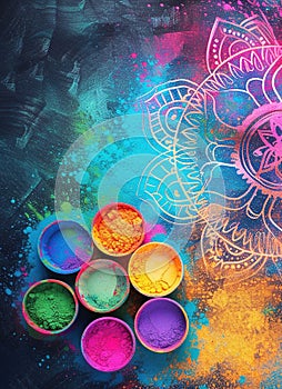 Colorful gulal powder colors for Happy Holi and mandala image. Top view.