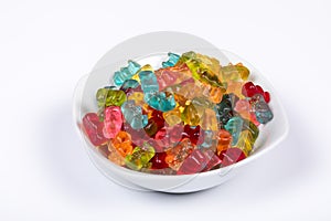 Colorful Gummibears Assorted Flavors in White Bowl on White Background