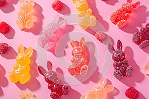 Colorful gummy bunnies scattered with a dusting of sugar on a playful pink background