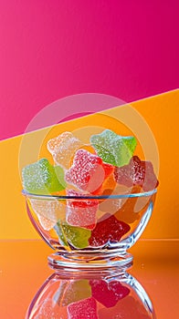 Colorful gummy candies in a glass bowl on a bright pink and orange background