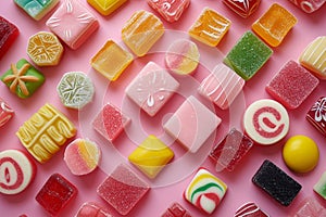 Colorful gummy candies on pink backdrop, confectionery variety in bright light