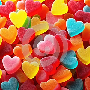 Colorful gummy heart candies close-up, vibrant sugary texture, confectionery love concept photo