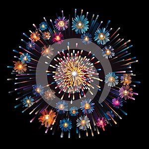 Colorful, gunshots and fireworks explosions on a black background. New Year\'s fun and festiv