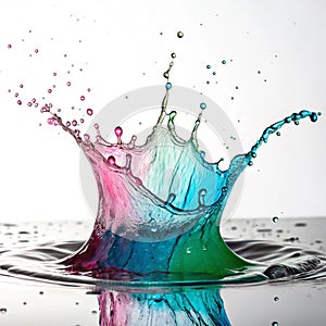 Colorful gushing liquid splash frozen in an abstract shape isolated on white background photo