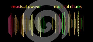 Colorful halftone lines of different sizes on a black background with the inscription the power of music and musical chaos. Sound