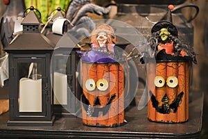 Colorful Halloween decorations on a display.