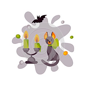 Colorful Halloween design with a cat, candles and a bat. Vector illustration