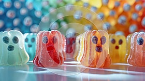 Colorful Halloween jelly candies shaped like ghosts and pumpkins