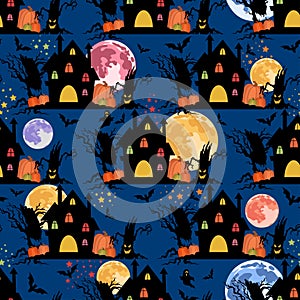 Colorful Halloween seamless pattern with castles,pumpkins,moons and trees