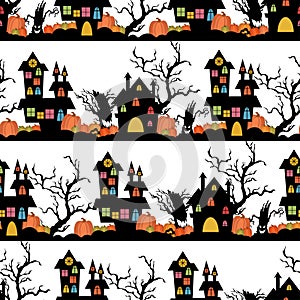 Colorful Halloween seamless pattern with castles,pumpkins and trees