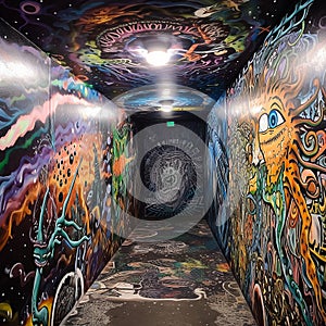 Colorful hallway covered in graffiti. Created using ai generative.