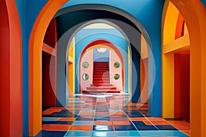 A colorful hallway with a red staircase and blue walls