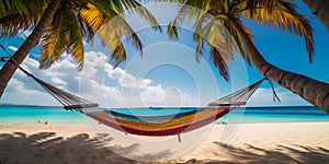 colorful hammock hangs between two palm trees with a trop generative AI photo