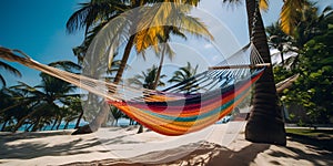 colorful hammock hangs between two palm trees with a trop one generative AI photo