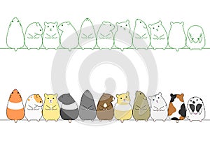 Colorful hamsters in a row