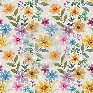 Colorful hand draw flowers on yellow color seamless pattern.