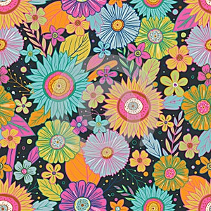 Colorful Hand Drawing Flower Seamless Pattern with Black Background