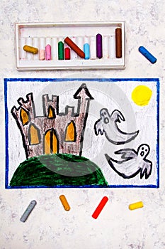 Colorful hand drawing: Old scary castle and two ghosts at night.