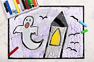 Colorful hand drawing: Old scary tower and ghost at night.