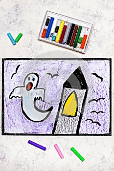 Colorful hand drawing: Old scary tower and ghost at night.