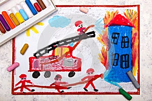 Colorful hand drawing: red fire truck with a ladder.
