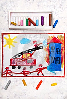 Colorful hand drawing: red fire truck with a ladder.