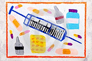 Colorful hand drawing: syringe and pills. Medicine