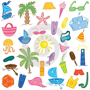 Colorful Hand Drawings of Summer Vacancies Symbols. Doodle Boats, Ice cream, Palms, Hat, Umbrella, Jellyfish, Cocktail, Sun.