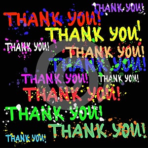 Colorful hand drawn abstract vector background of words `thank you!` with bright splashes