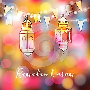 Colorful hand drawn Arabic lanterns with lights and party flags. Greeting card, invitation for Muslim commu