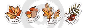 Colorful hand drawn autumn sticker set and lettering