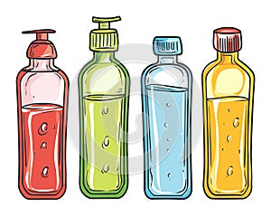 Colorful hand-drawn bottles with shampoo, gel, liquid soap. Cosmetics, hygiene products, transparent containers with