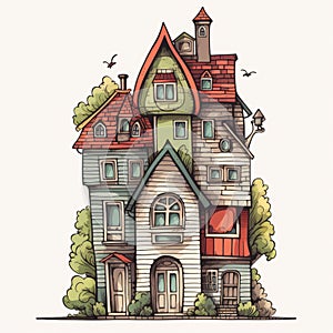 Colorful Hand Drawn Cartoon Houses Illustration - Victorian Gothic Style