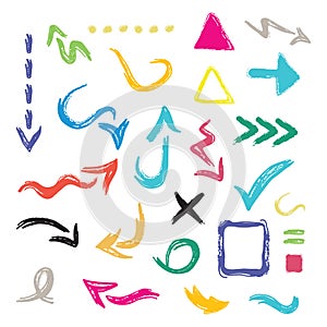 Colorful hand drawn curvy direction arrows icons design element set