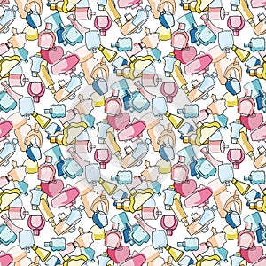 Colorful hand drawn cute perfume bottles seamless vector pattern