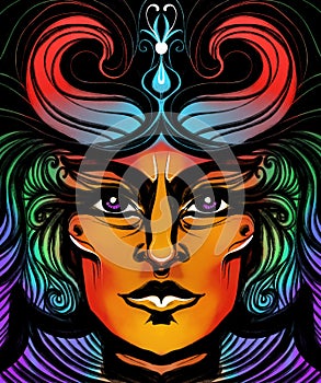 Colorful hand drawn demon witch portrait illustration. Portrait of a woman with horns