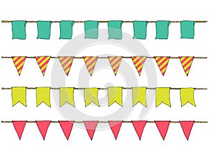 Colorful Hand drawn doodle bunting banners for decoration. Cartoon banner set, bunting flags, border sketch. Decorative elements.