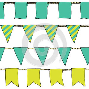 Colorful Hand drawn doodle bunting banners horizontal seamless pattern. Cartoon banner, bunting flags, border sketch. Bright Decor