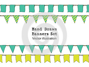 Colorful Hand drawn doodle bunting banners set for decoration. Doodle banner set, bunting flags, border sketch. Bright horizontal