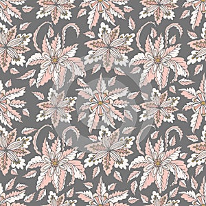 Colorful hand drawn doodle floral seamless pattern on gray.