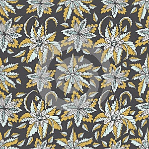 Colorful hand drawn doodle floral seamless pattern on gray.