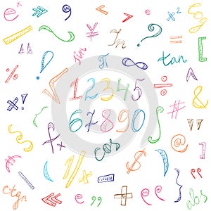 Colorful Hand Drawn Doodle Symbols and Numbers. Scribble Signs Isolated on White