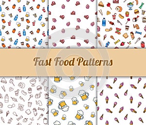 Colorful hand drawn fast food seamless patterns set