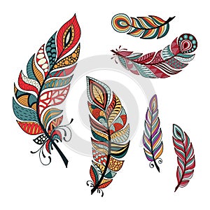 Colorful hand-drawn feather set boho style.